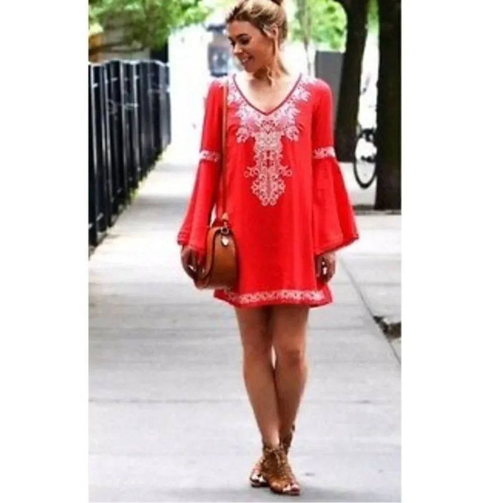 Flying Tomato Boho Bell Sleeve Dress Red Size Sm